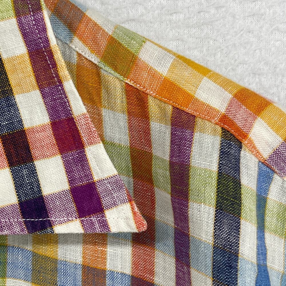 EXPRESS Shirt Men XL 100% Linen Woven Rainbow Check Button Up Long Sleeve Yellow